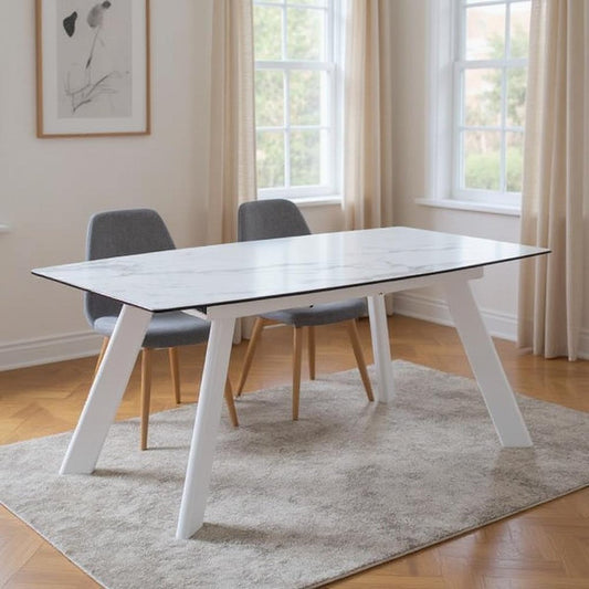 71" Gray and White Ceramic and Metal Self-Storing Leaf Extendable Dining Table