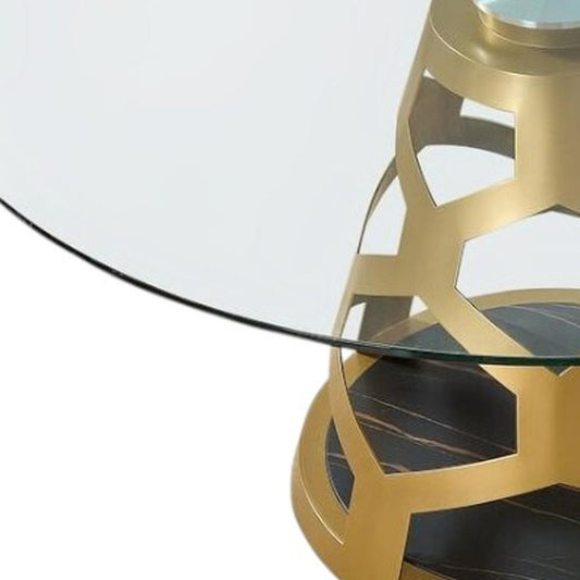 48" Clear And Gold Rounded Glass And Metal Pedestal Base Dining Table
