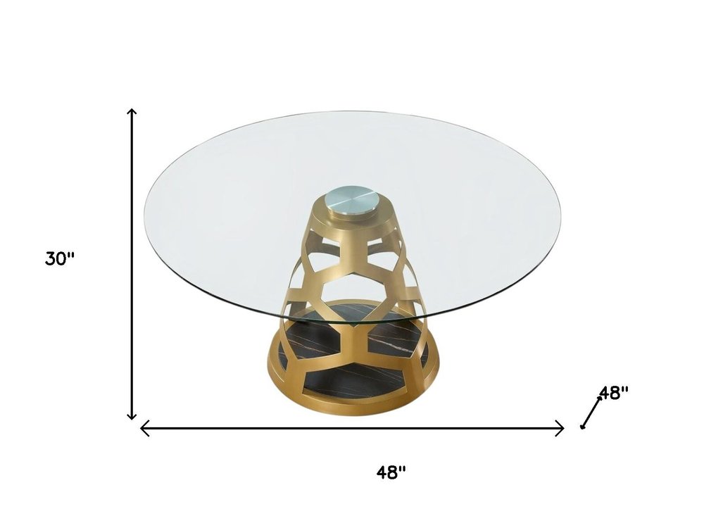 48" Clear And Gold Rounded Glass And Metal Pedestal Base Dining Table