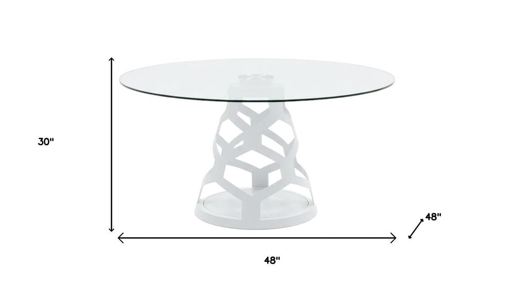 48" Clear And White Rounded Glass And Metal Pedestal Base Dining Table