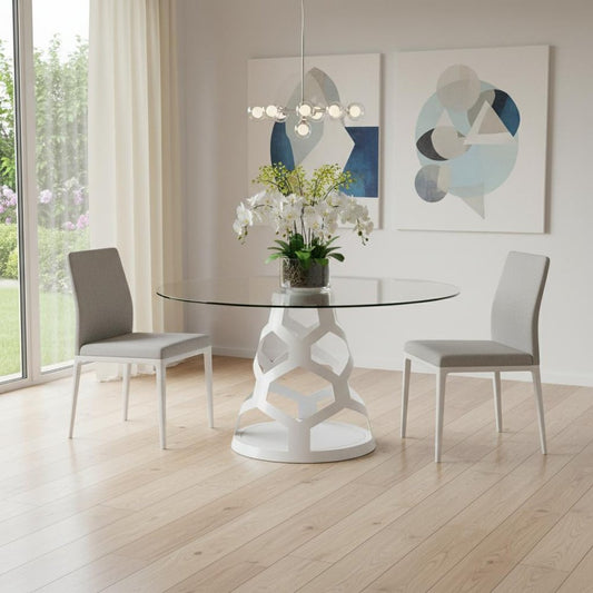 48" Clear And White Rounded Glass And Metal Pedestal Base Dining Table