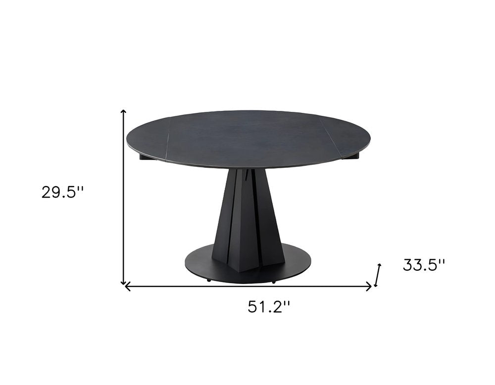 51" Black Stone and Metal Self-Storing Leaf Pedestal Base Round Top Extendable Dining Table