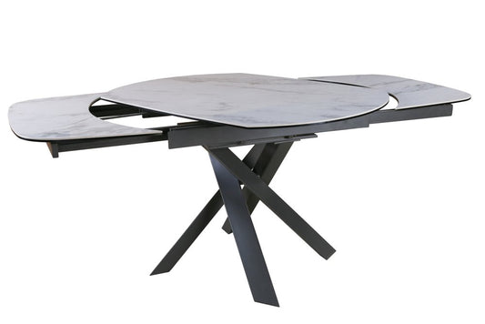 47" Gray and White Ceramic and Metal Self-Storing Leaf Cross Leg Base Oval Extendable Dining Table