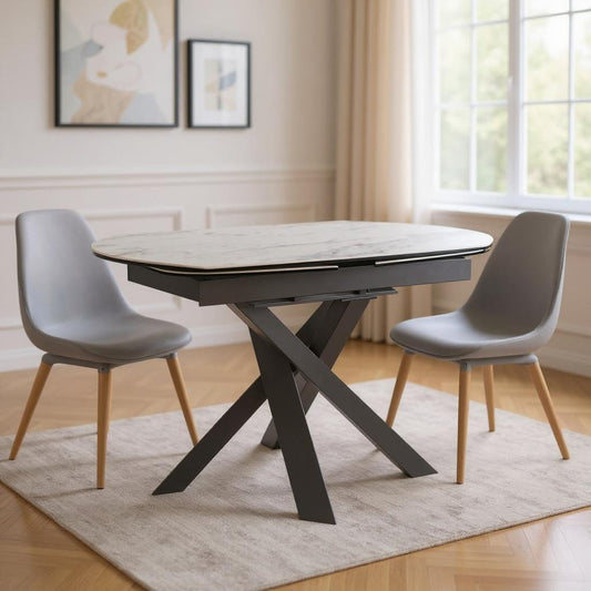 47" Gray and White Ceramic and Metal Self-Storing Leaf Cross Leg Base Oval Extendable Dining Table
