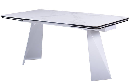 63" White Ceramic and Metal Self-Storing Leaf Pedestal Base Extendable Dining Table