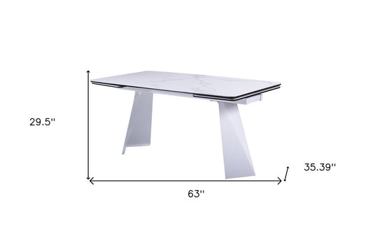 63" White Ceramic and Metal Self-Storing Leaf Pedestal Base Extendable Dining Table