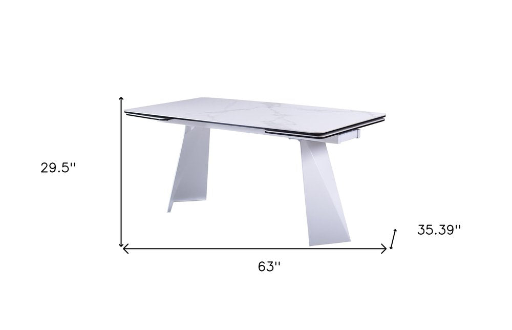 63" White Ceramic and Metal Self-Storing Leaf Pedestal Base Extendable Dining Table