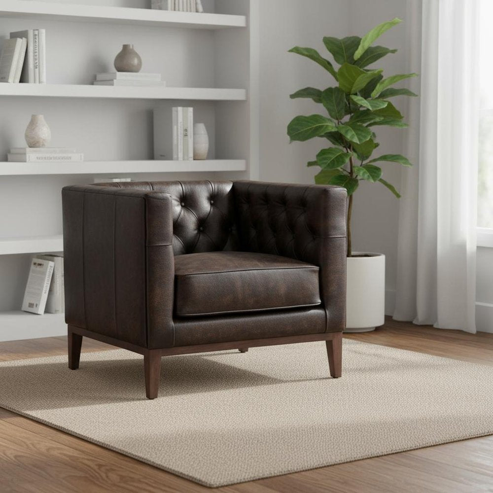33" Brown and Black Antiqued Top Grain Leather Tufted Club Chair