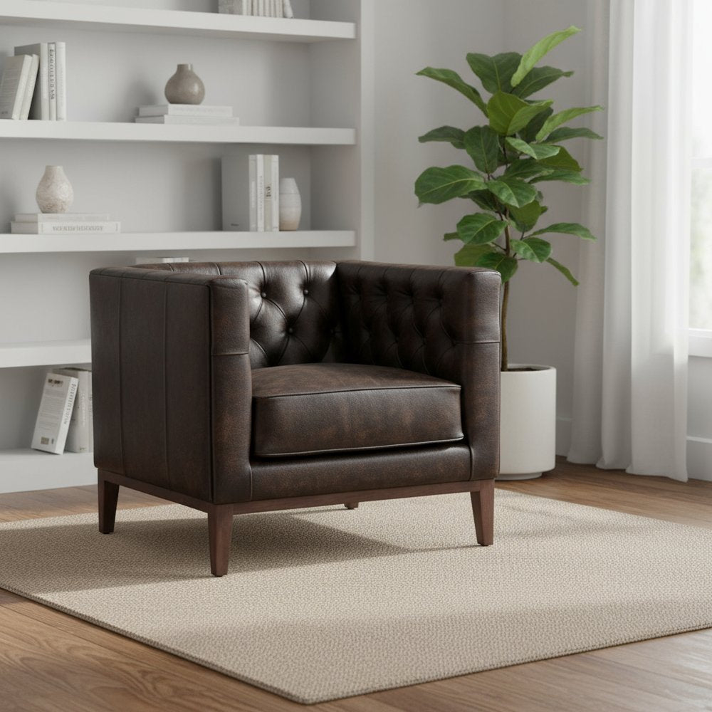 33" Brown and Black Antiqued Top Grain Leather Tufted Club Chair