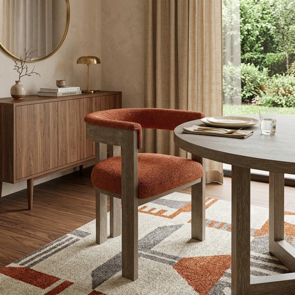 Burnt Orange and Brown Upholstered Boucle Open Back Dining Arm Chair