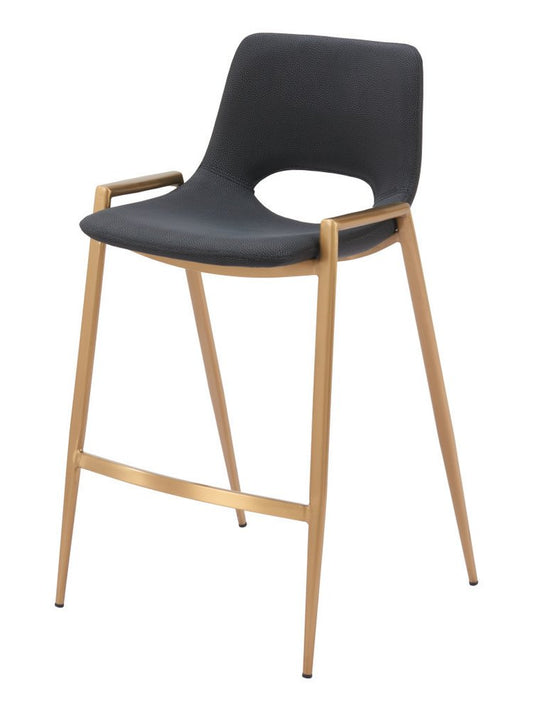 Set of Two 26" Black And Gold Faux Leather And Steel Low Back Counter Height Bar Chairs