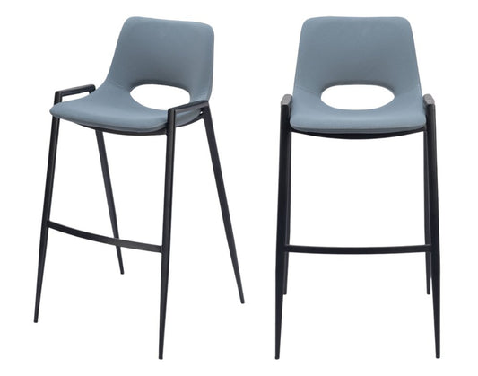 Set of Two 30" Blue And Black Faux Leather And Steel Low Back Bar Height Bar Chairs