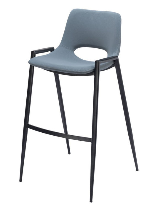 Set of Two 30" Blue And Black Faux Leather And Steel Low Back Bar Height Bar Chairs