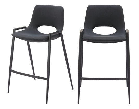 Set of Two 26" Black Faux Leather And Fabric And Steel Low Back Counter Height Bar Chairs