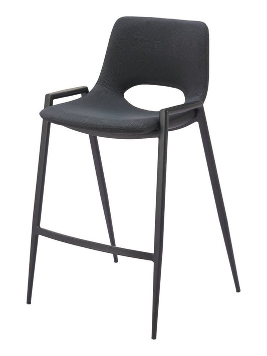 Set of Two 26" Black Faux Leather And Fabric And Steel Low Back Counter Height Bar Chairs