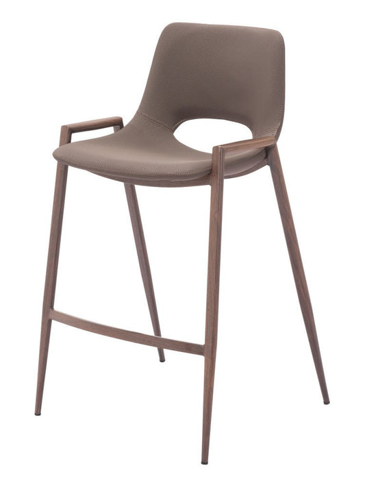 Set of Two 26" Brown Faux Leather And Fabric And Steel Low Back Counter Height Bar Chairs