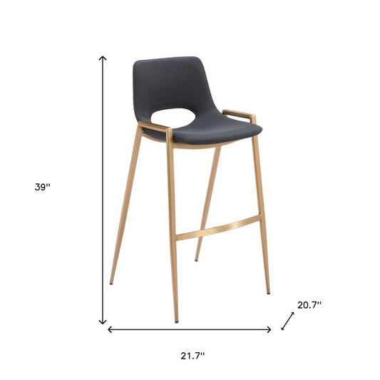 Set of Two 30" Black And Gold Faux Leather And Steel Low Back Bar Height Bar Chairs