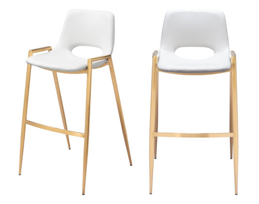 Set of Two 30" White And Gold Faux Leather And Fabric And Steel Bar Height Bar Chairs
