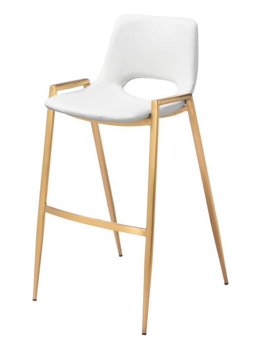 Set of Two 30" White And Gold Faux Leather And Fabric And Steel Bar Height Bar Chairs