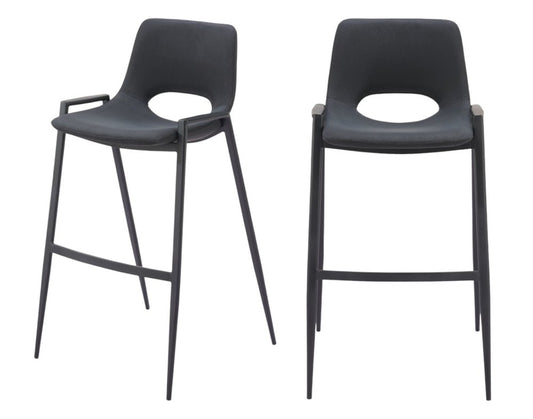 Set of Two 30" Black Faux Leather And Fabric And Steel Low Back Bar Height Bar Chairs