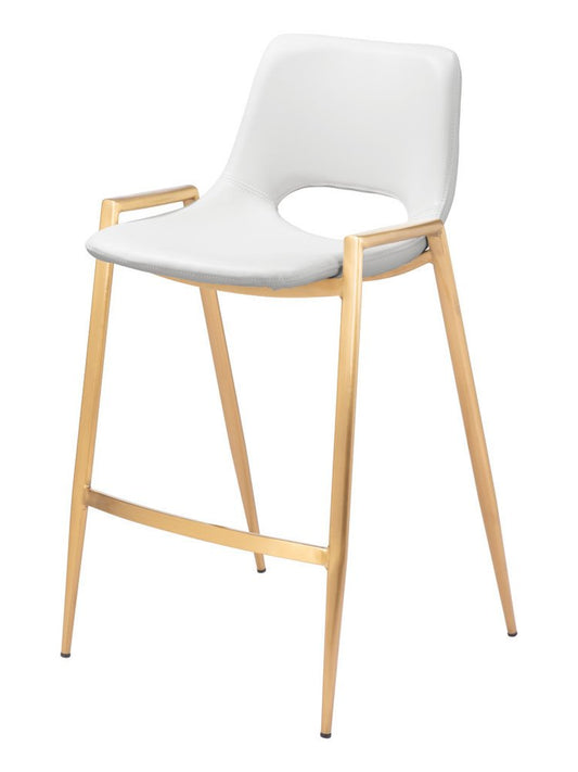 Set of Two 26" White And Gold Faux Leather And Fabric And Steel Low Back Counter Height Bar Chairs