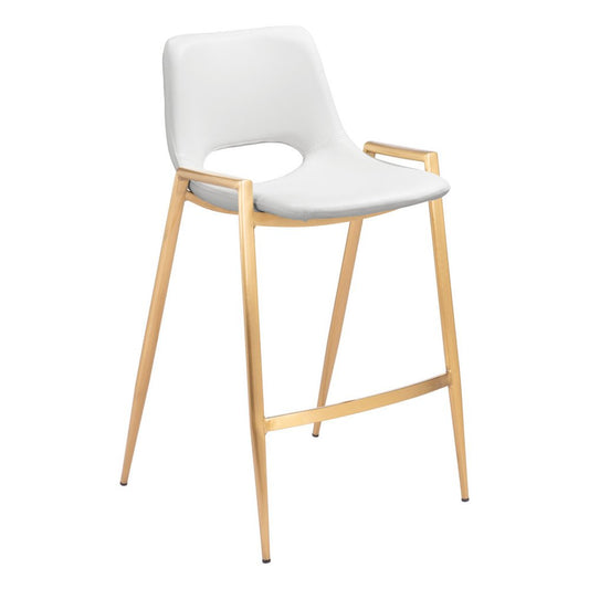 Set of Two 26" White And Gold Faux Leather And Fabric And Steel Low Back Counter Height Bar Chairs