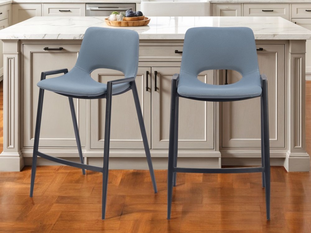 Set of Two 26" Blue And Black Faux Leather And Steel Low Back Counter Height Bar Chairs