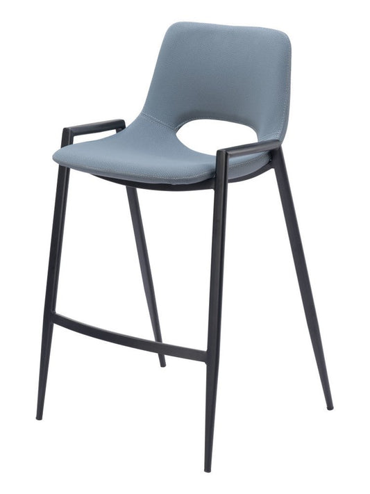 Set of Two 26" Blue And Black Faux Leather And Fabric And Steel Low Back Counter Height Bar Chairs