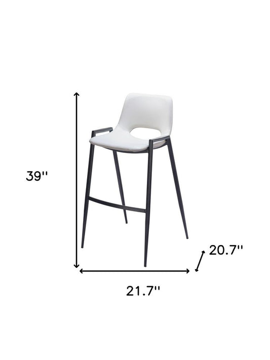 Set of Two 30" White And Black Faux Leather And Fabric And Steel Low Back Bar Height Bar Chairs
