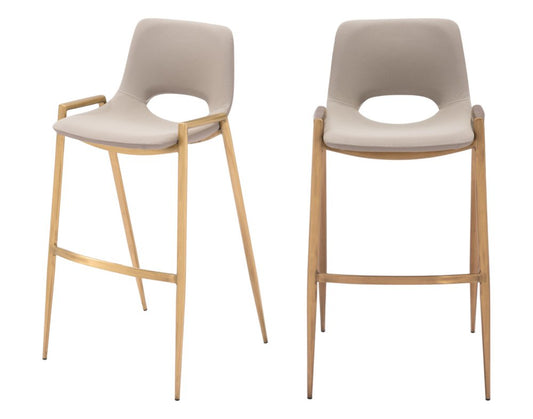 Set of Two 30" Beige And Gold Faux Leather And Fabric And Steel Low Back Bar Height Bar Chairs