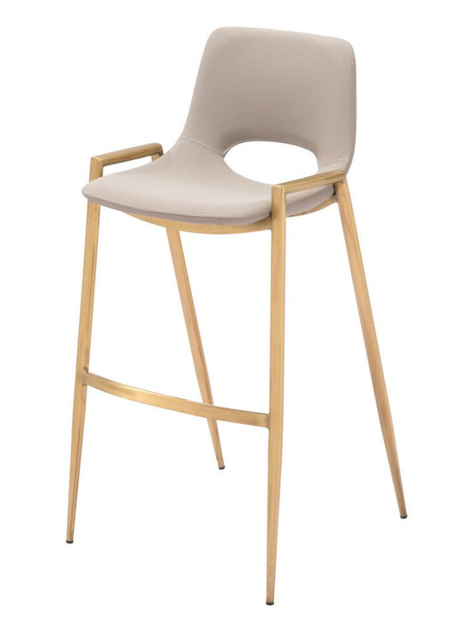 Set of Two 30" Beige And Gold Faux Leather And Fabric And Steel Low Back Bar Height Bar Chairs