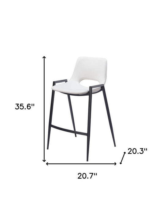 Set of Two 26" White And Black Faux Leather And Fabric And Steel Low Back Counter Height Bar Chairs