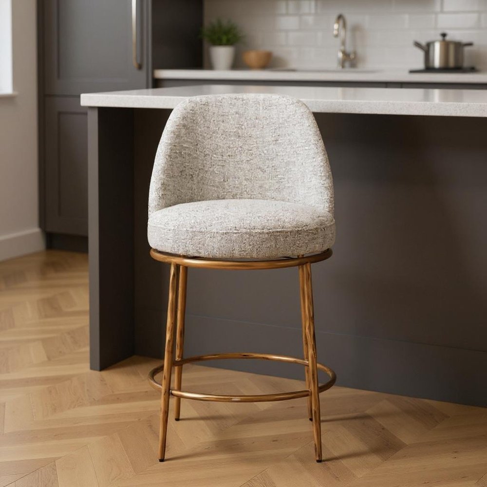 24" Beige and Gold Fabric and Steel Counter Height Swivel Bar Chair
