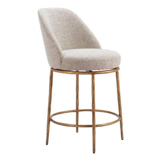 24" Beige and Gold Fabric and Steel Counter Height Swivel Bar Chair