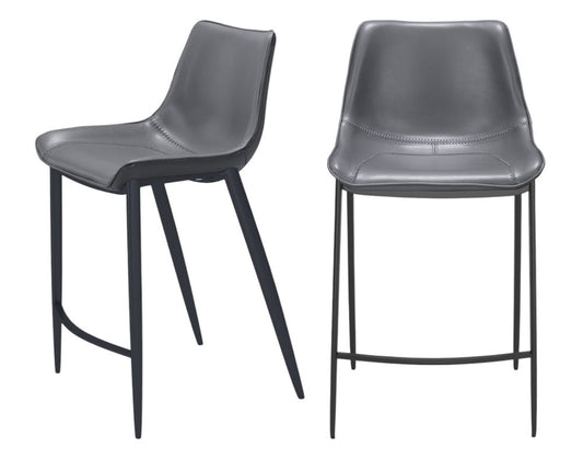 Set of Two 26" Dark Gray And Black Faux Leather And Fabric And Steel Counter Height Bar Chairs