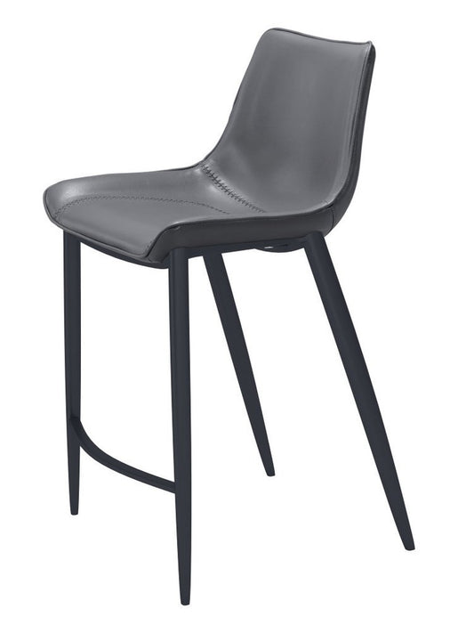 Set of Two 26" Dark Gray And Black Faux Leather And Fabric And Steel Counter Height Bar Chairs