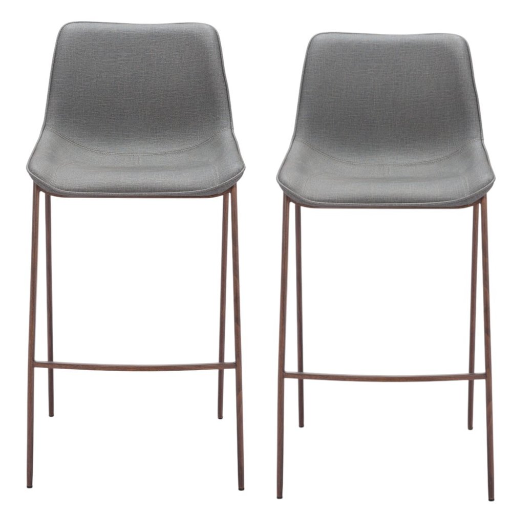 Set of Two 30" Slate Gray and Brown Faux Leather and Steel Bar Height Bar Chairs