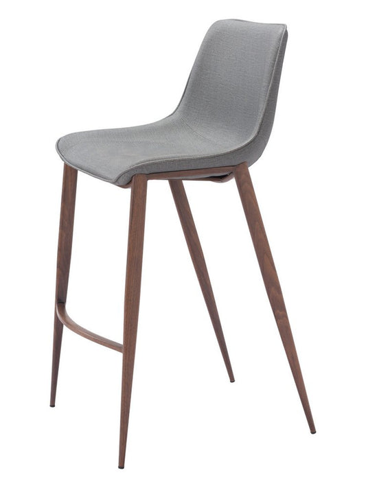 Set of Two 30" Slate Gray And Brown Faux Leather And Fabric And Steel Bar Height Bar Chairs