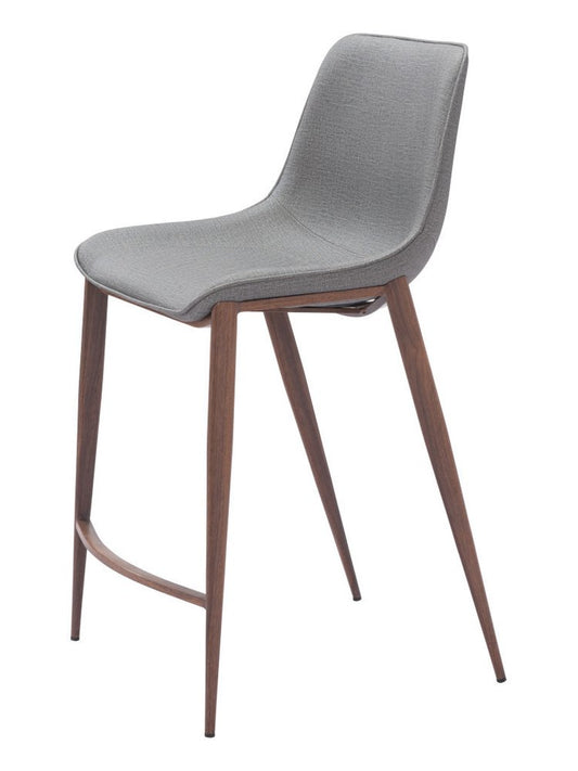 Set of Two 26" Slate Gray And Brown Faux Leather And Fabric And Steel Counter Height Bar Chairs