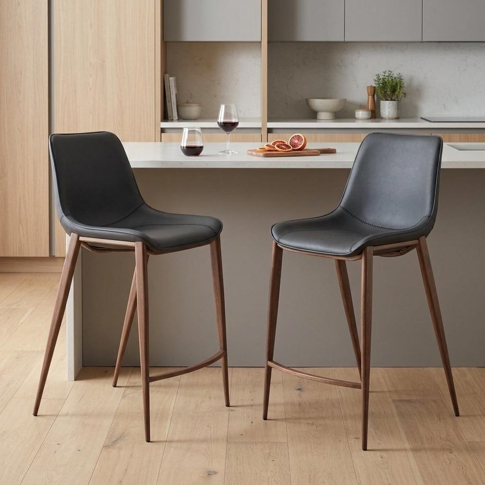 Set of Two 26" Black And Brown Faux Leather And Steel Counter Height Bar Chairs