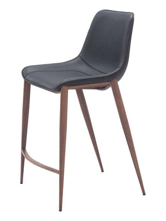 Set of Two 26" Black And Brown Faux Leather And Fabric And Steel Counter Height Bar Chairs