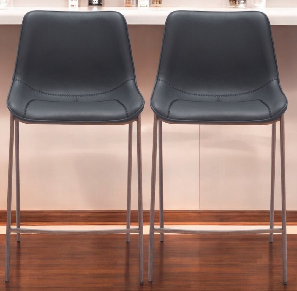 Set of Two 30" Black And Brown Faux Leather And Steel Bar Height Bar Chairs