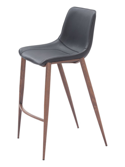 Set of Two 30" Black And Brown Faux Leather And Fabric And Steel Bar Height Bar Chairs
