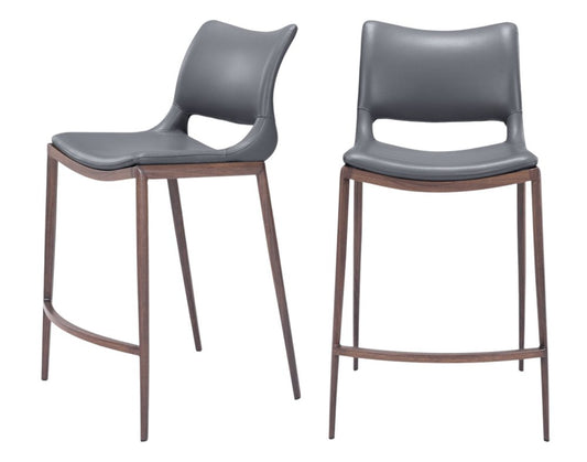Set of Two 25" Dark Gray And Brown Faux Leather And Fabric And Steel Low Back Counter Height Bar Chairs