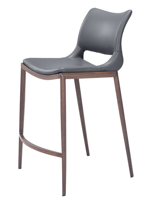 Set of Two 25" Dark Gray And Brown Faux Leather And Fabric And Steel Low Back Counter Height Bar Chairs