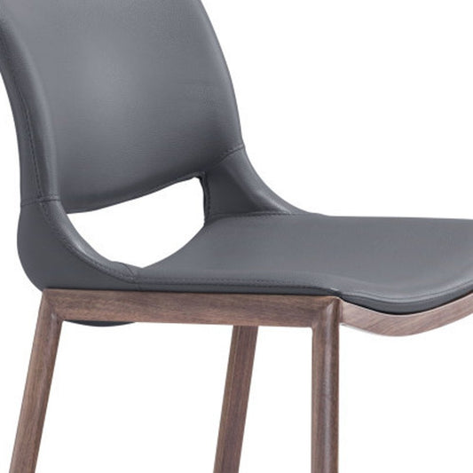 Set of Two 29" Dark Gray And Walnut Faux Leather And Steel Low Back Counter Height Bar Chairs