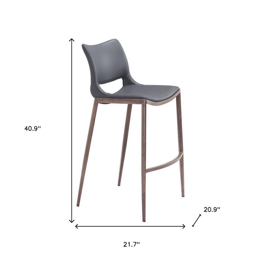 Set of Two 29" Dark Gray And Walnut Faux Leather And Steel Low Back Counter Height Bar Chairs