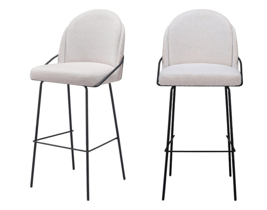Set of Two 30" Ivory And Black Shearling And Fabric And Steel Bar Height Bar Chairs