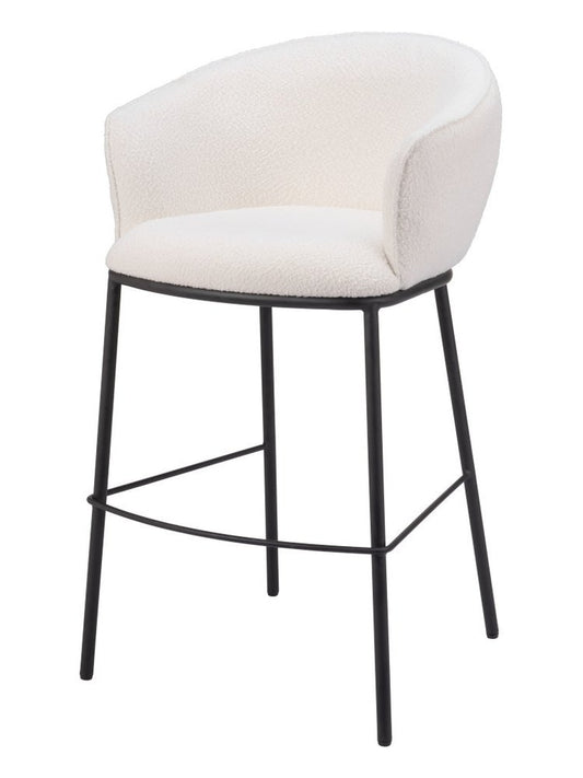 30" Ivory And Black Shearling And Steel Bar Height Bar Chair