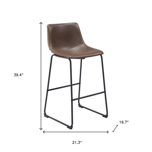 Set of Two 29" Espresso And Black Faux Leather And Steel Counter Height Bar Chairs